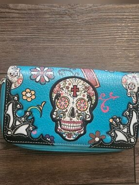 Turquoise Sugar Skull Zip Wallet - Women Bags